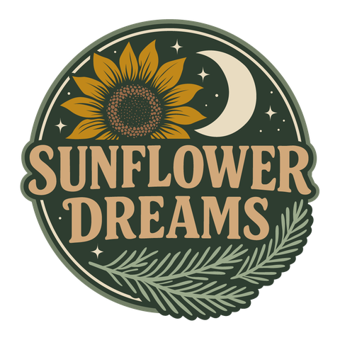 Sunflower Dreams logo: a golden sunflower and crescent moon on a deep evergreen circle with pine boughs