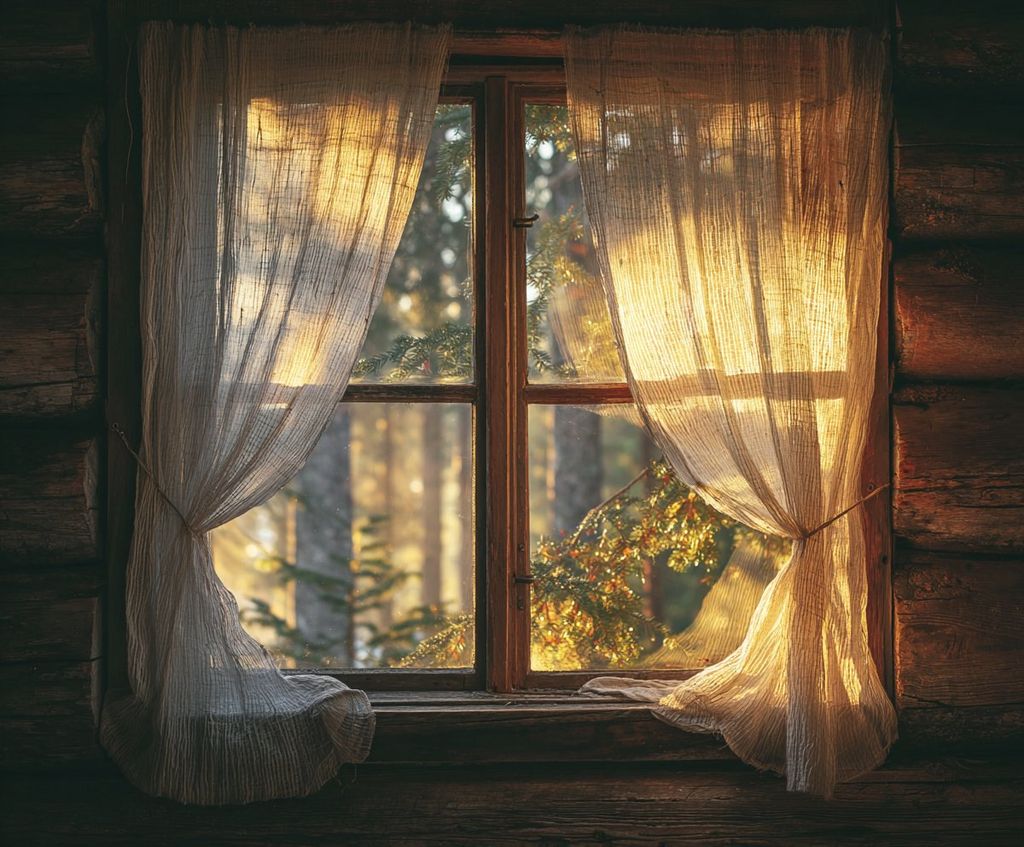 Sunlight through linen curtains in a log cabin window, pines outside