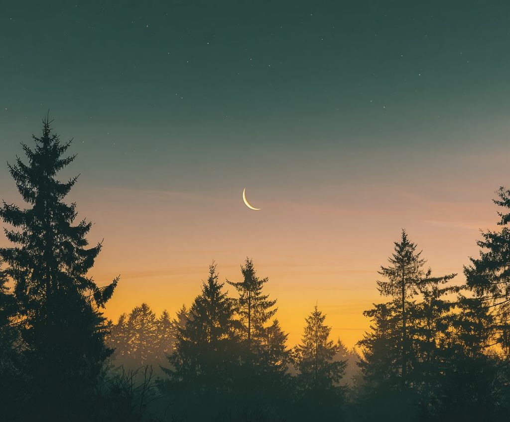 A crescent moon over a line of pines at dusk