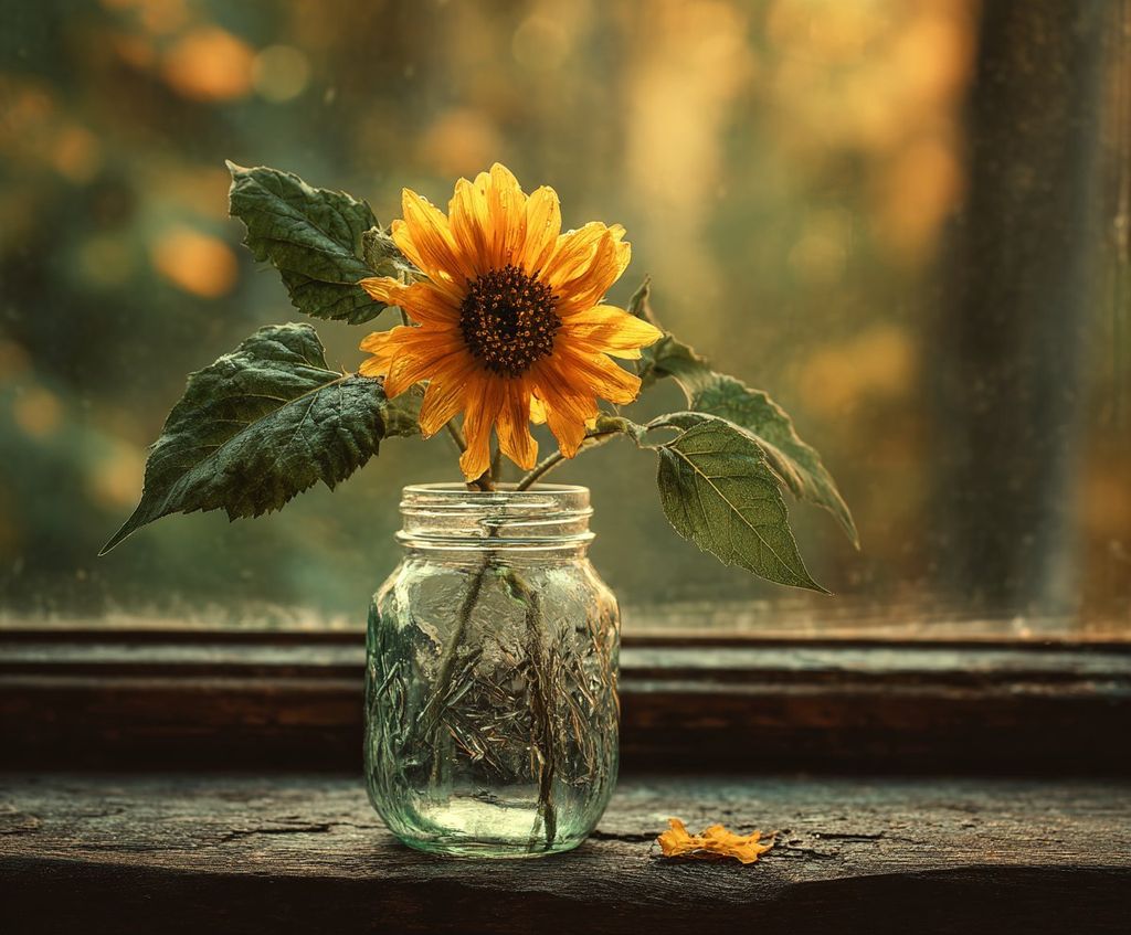 A single sunflower in a mason jar on a weathered windowsill
