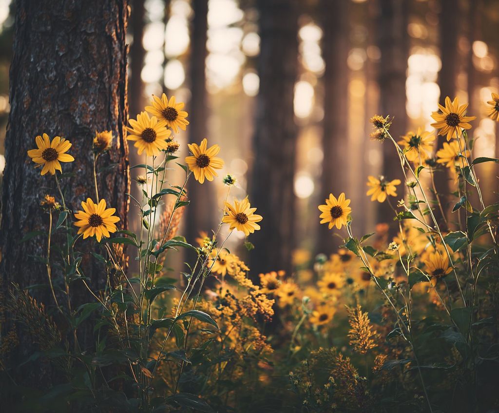 Sunflowers growing beside a pine trunk in soft forest light