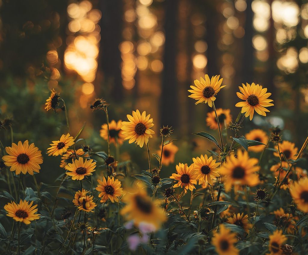 Wild sunflowers glowing in a forest at golden hour